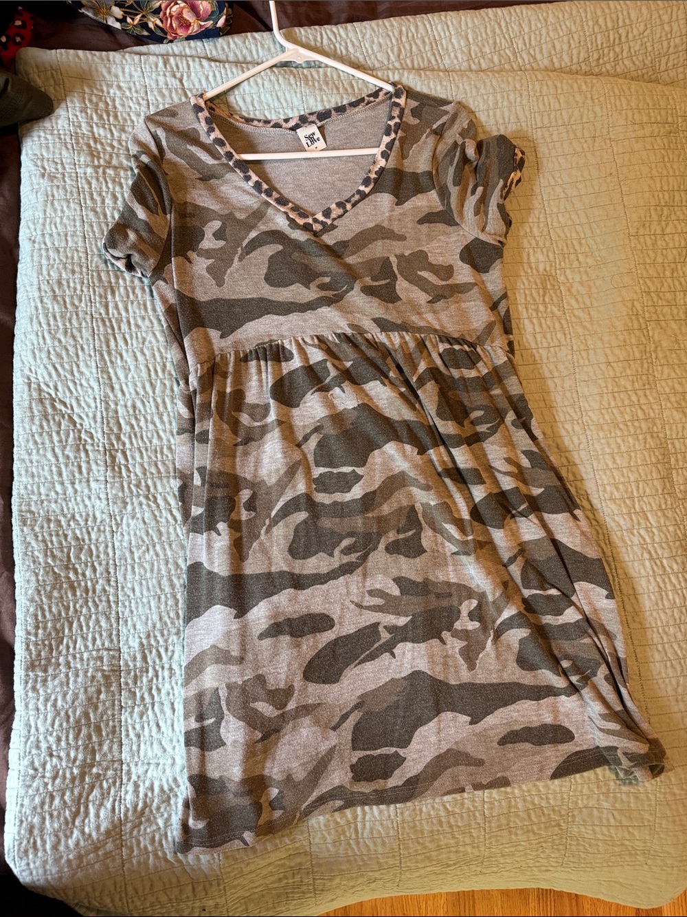 Sew In Love Women's Camo Short Sleeve Dress in Olive and Beige